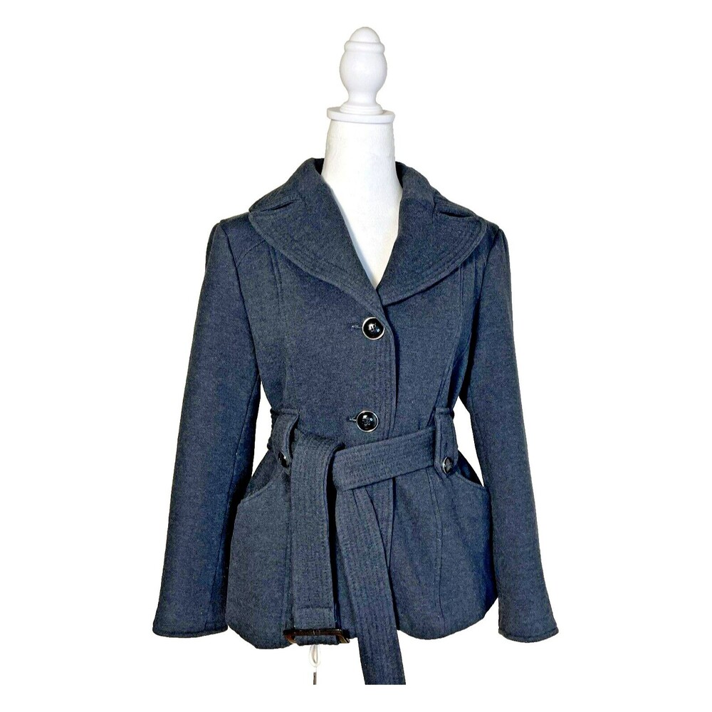 Kenneth Cole Reaction Women Preppy Gray Jacket Belted Lined Peacoat Cotton M